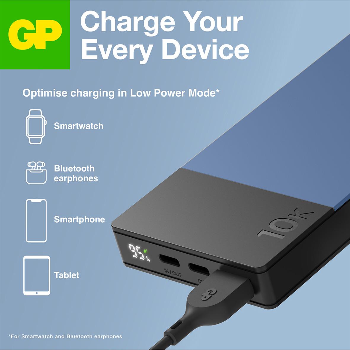 Blå Powerbank GP M2+ 10000mAh för smartklockor, hörlurar, telefoner och surfplattor