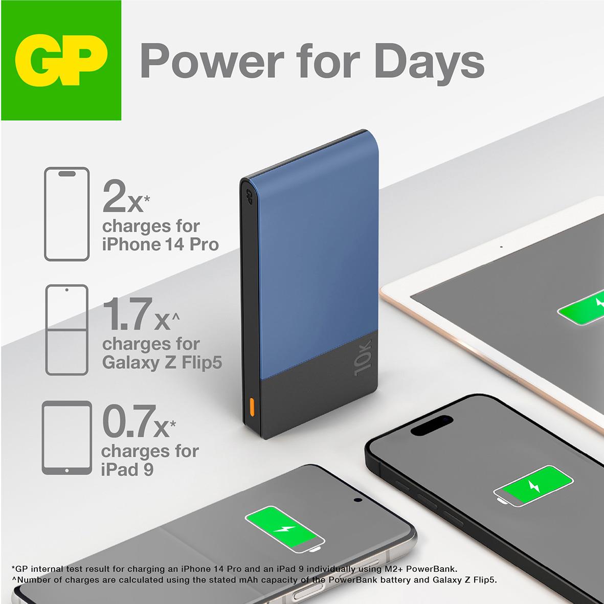 Blå Powerbank GP M2+ 10000mAh med kapacitet för att ladda iPhone 14, Galaxy Z Flip5 och iPad 9