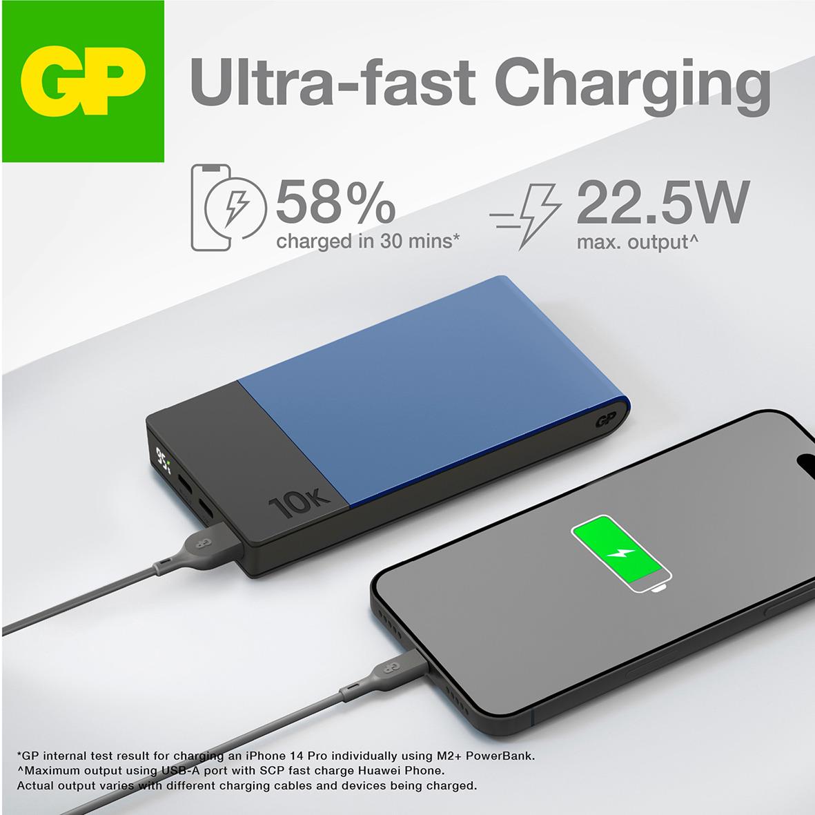 Blå Powerbank GP M2+ 10000mAh med snabb laddning och 58% batteri