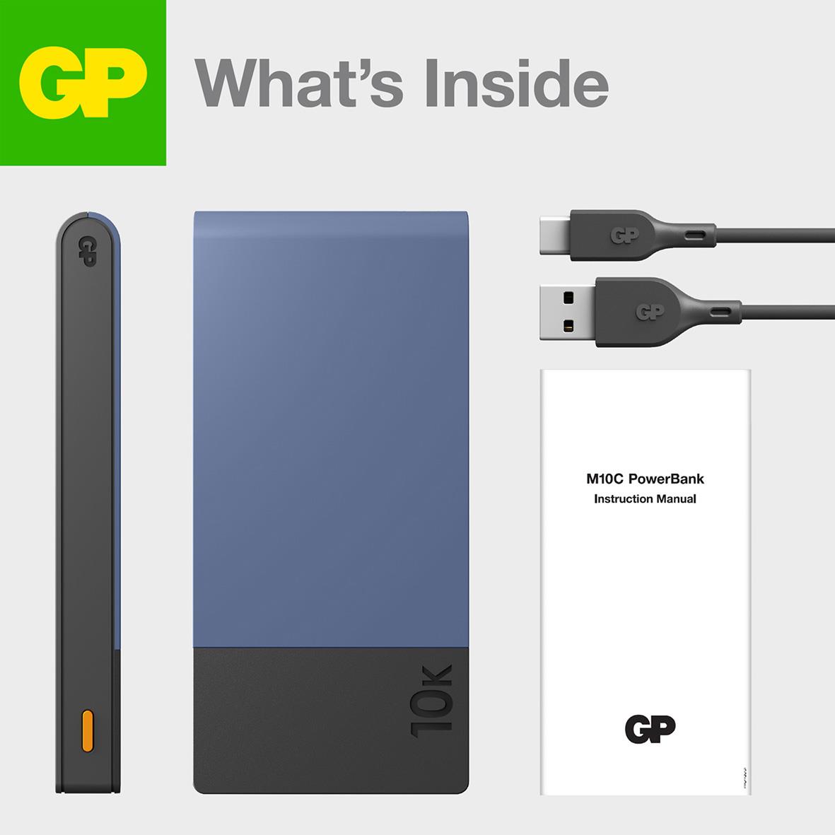 Blå powerbank GP M2+ 10000mAh med USB-kablar och manual