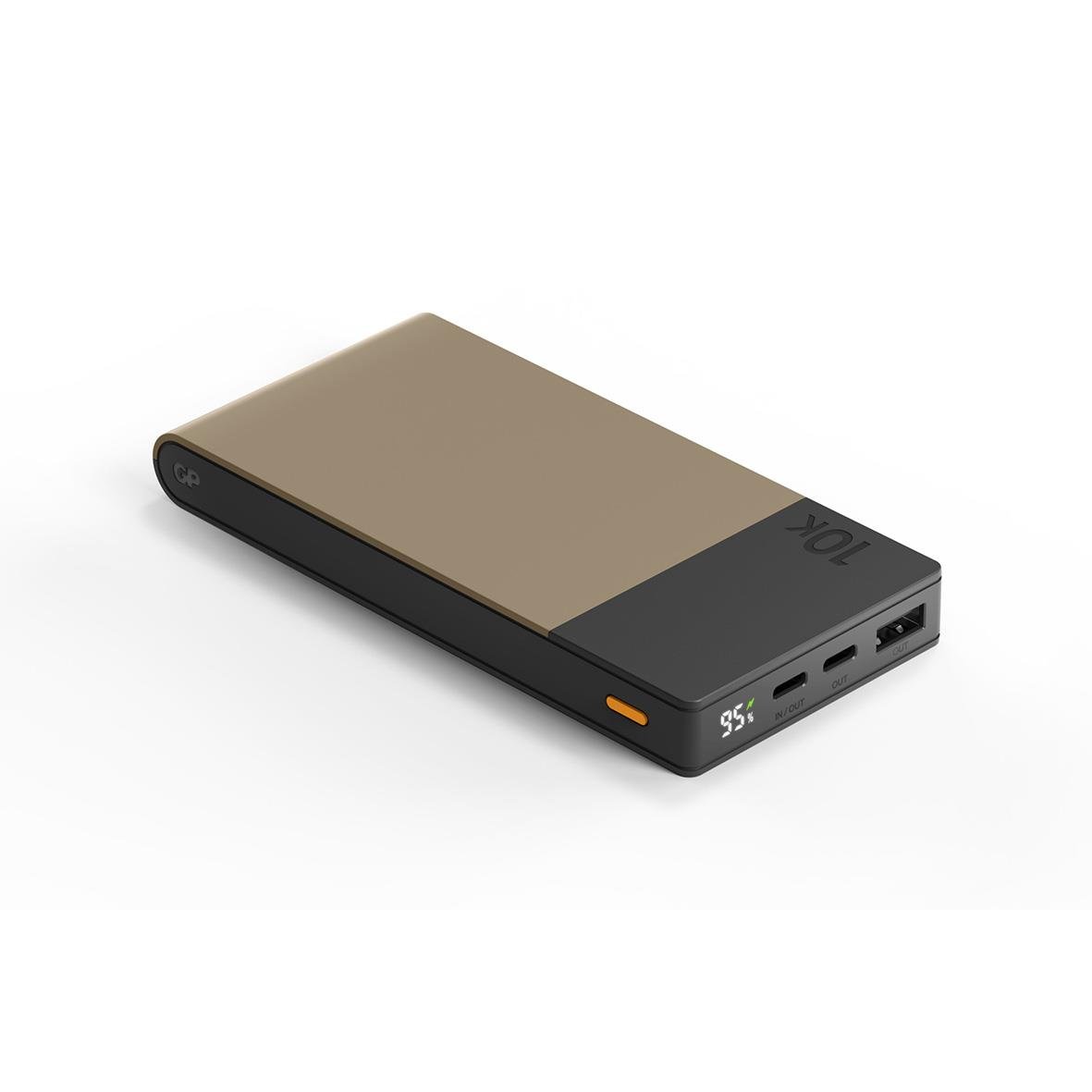 Beige powerbank GP M2+ 10000mAh med USB-portar och digital display