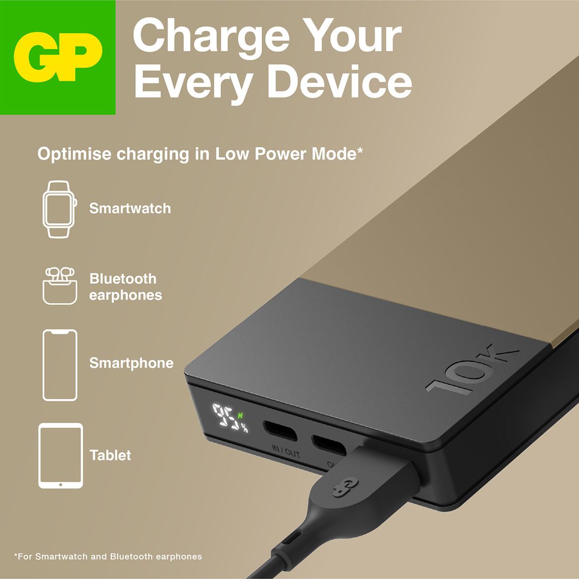 Powerbank GP M2+ 10000mAh beige för laddning av smartklocka, hörlurar, smartphone och surfplatta