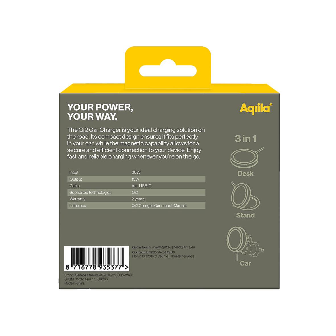 Mobilladdare Aqila Trådlös Qi2 15W med bilfäste, 3-i-1 lösning för skrivbord, stående och bilbruk