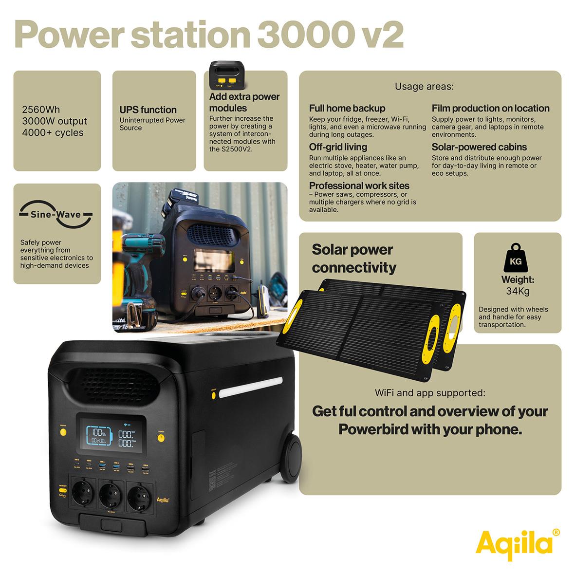 Powerstation Aqiila Powebird S3000V2 3000W med solpanel och display
