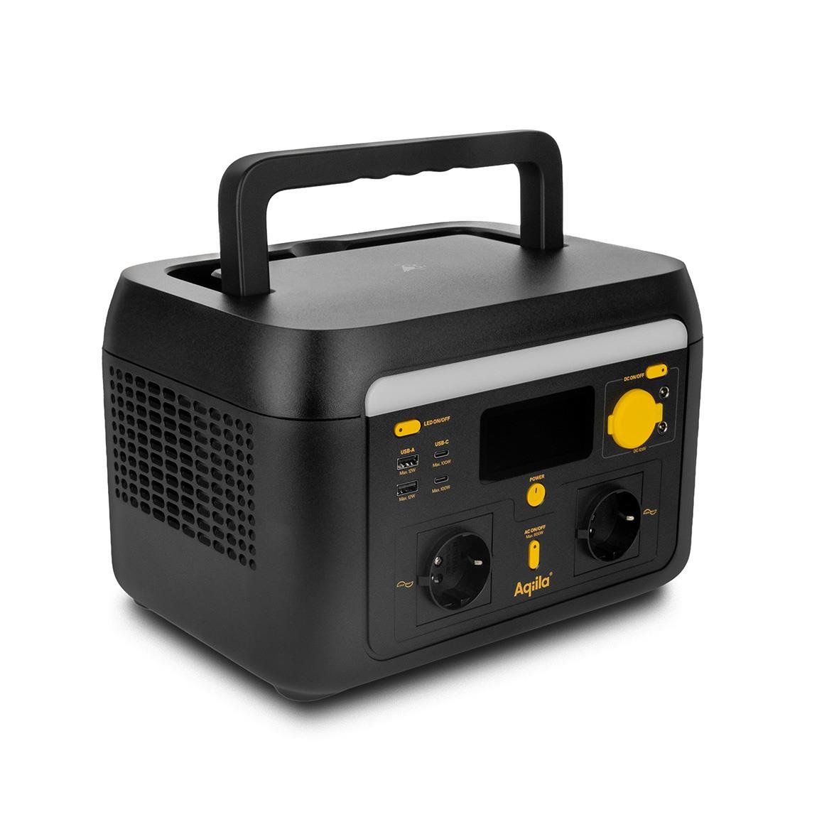 Powerstation Aqiila Powebird S600V2 600W i svart med handtag och kontrollpanel