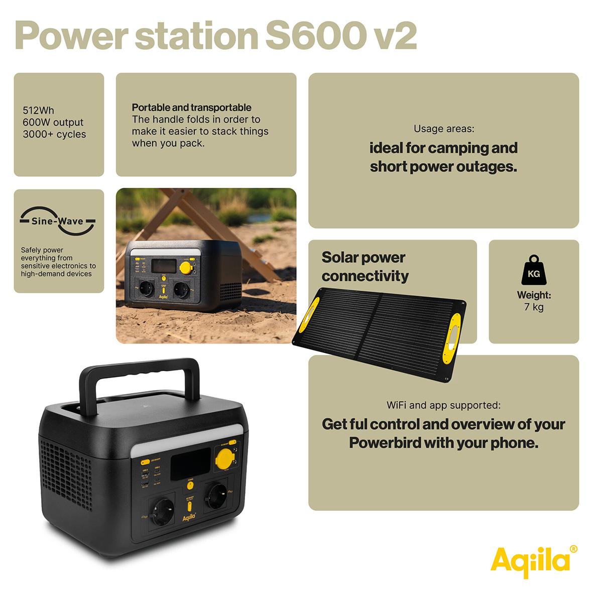 Powerstation Aqiila Powebird S600V2 600W portabel och lätt att bära, med solcellskoppling och WiFi-stöd för camping och korta strömavbrott.