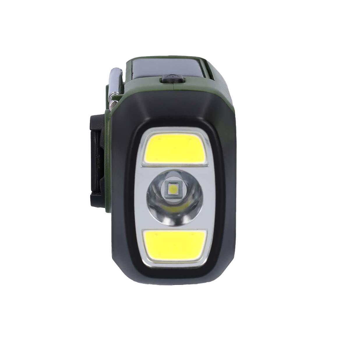 Portabel nödradio i svart och grönt med LED-lampa och knappar