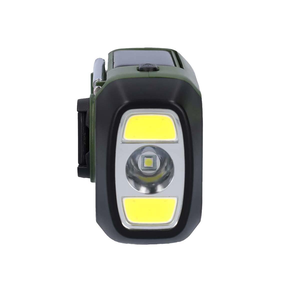 Portabel nödradio i svart och grönt med LED-lampa och knappar