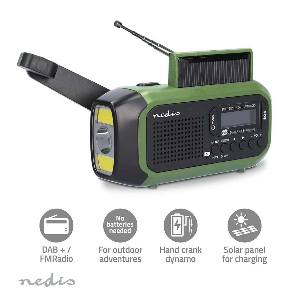 Nedis portabel nödradio i svart och grönt med solpanel, handvev och DAB/FM-radio för utomhusbruk