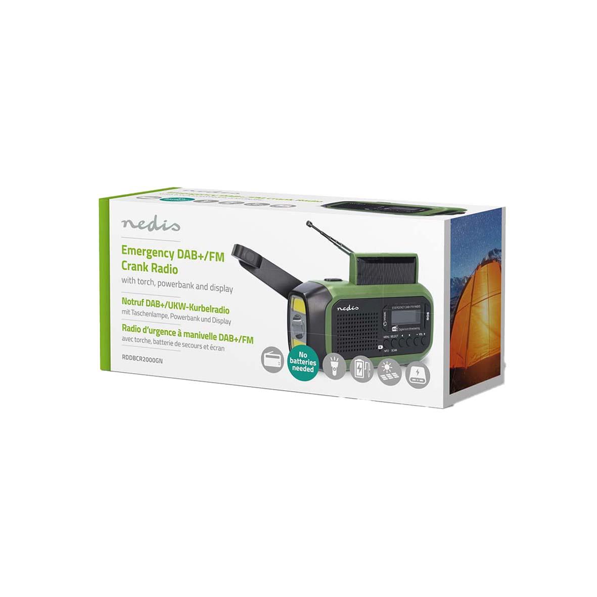 Nedis portabel nödradio i svart och grönt med handtag och display
