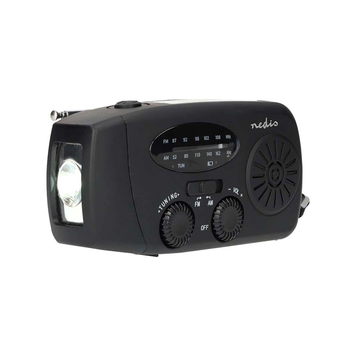 Portabel Nedis nödradio i svart med DAB/FM, ljus, knappar och justerbara inställningar