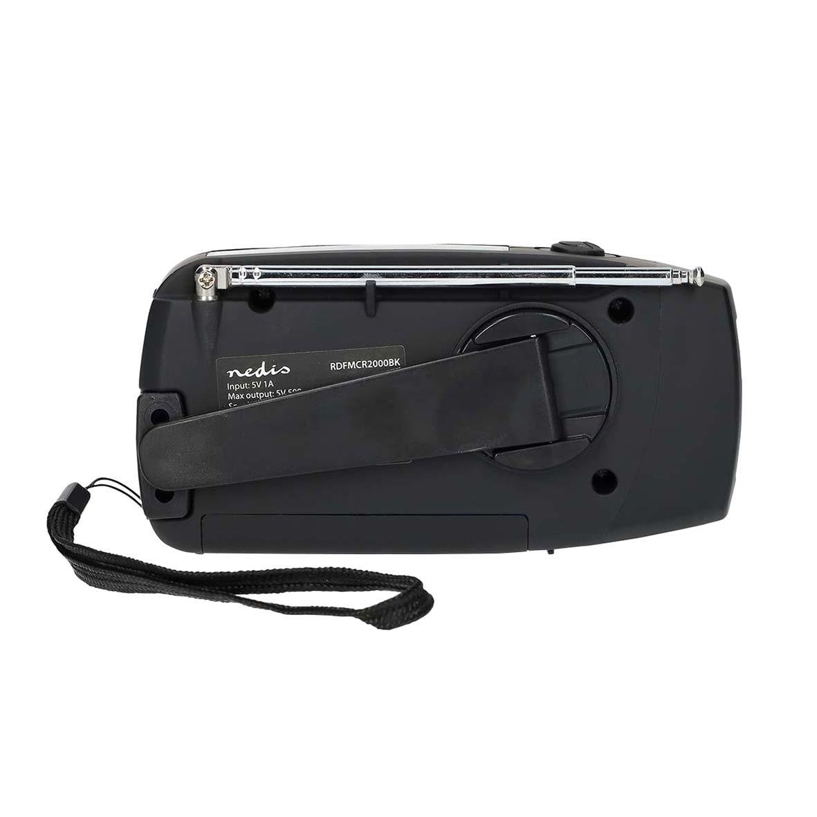 Nedis portabel nödradio i svart med handrem och strap