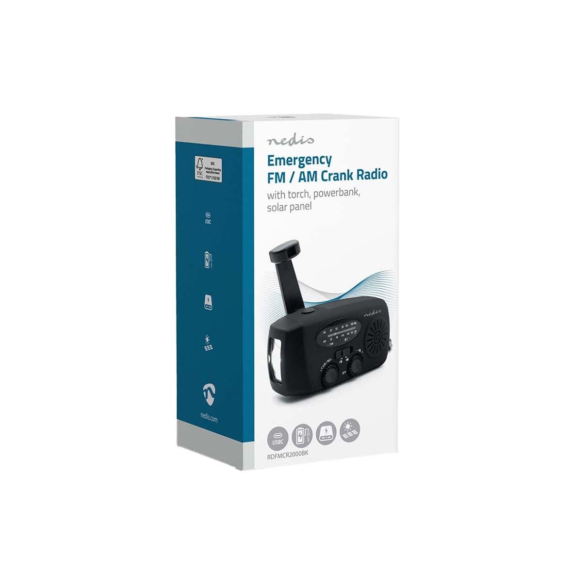 Nedis portabel nödradio i svart med DAB/FM, ficklampa, powerbank och solpanel