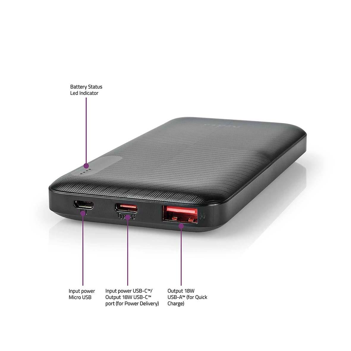 Powerbank Nedis 10000mAh svart med USB-portar och batteristatusindikator