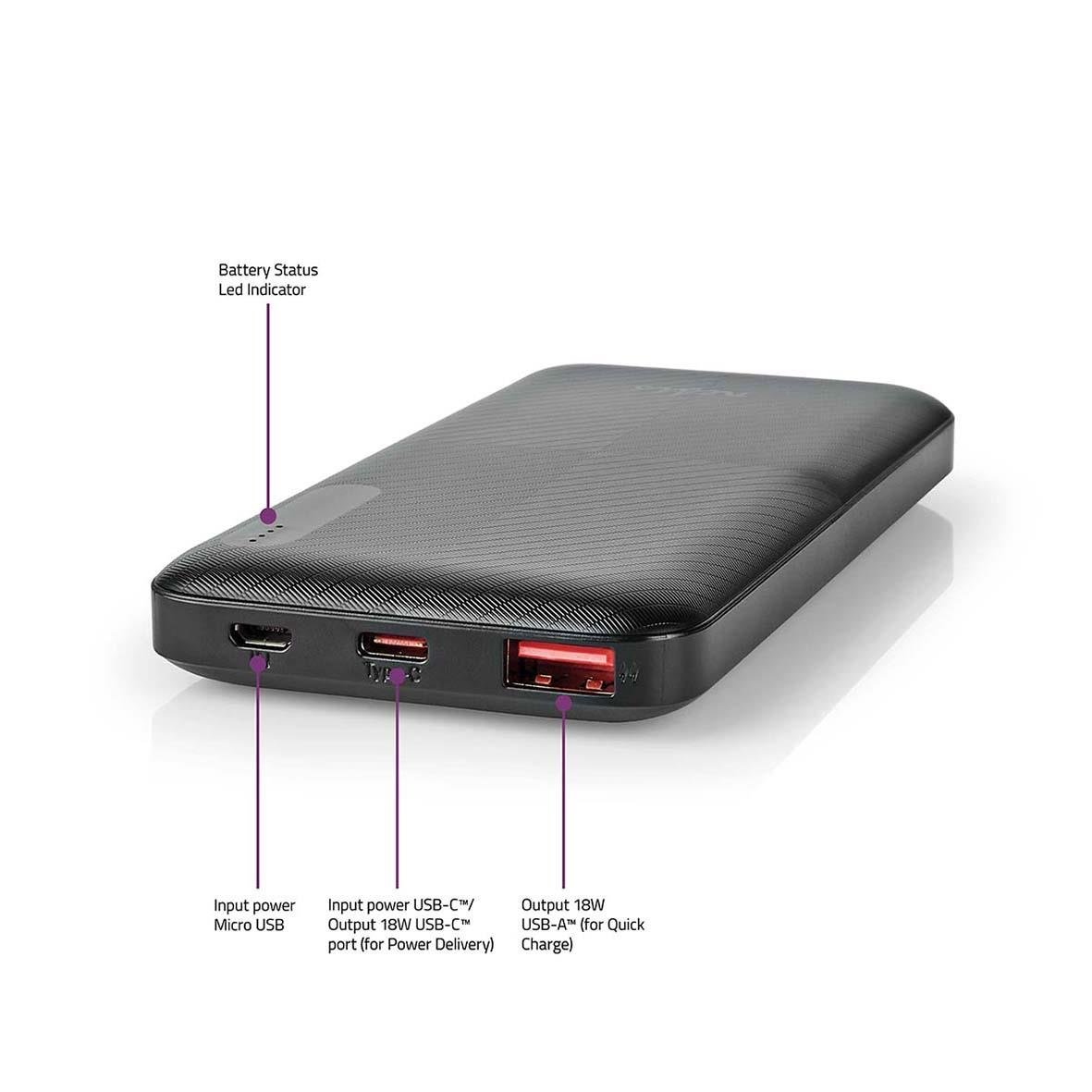 Powerbank Nedis 10000mAh svart med USB-portar och batteristatusindikator