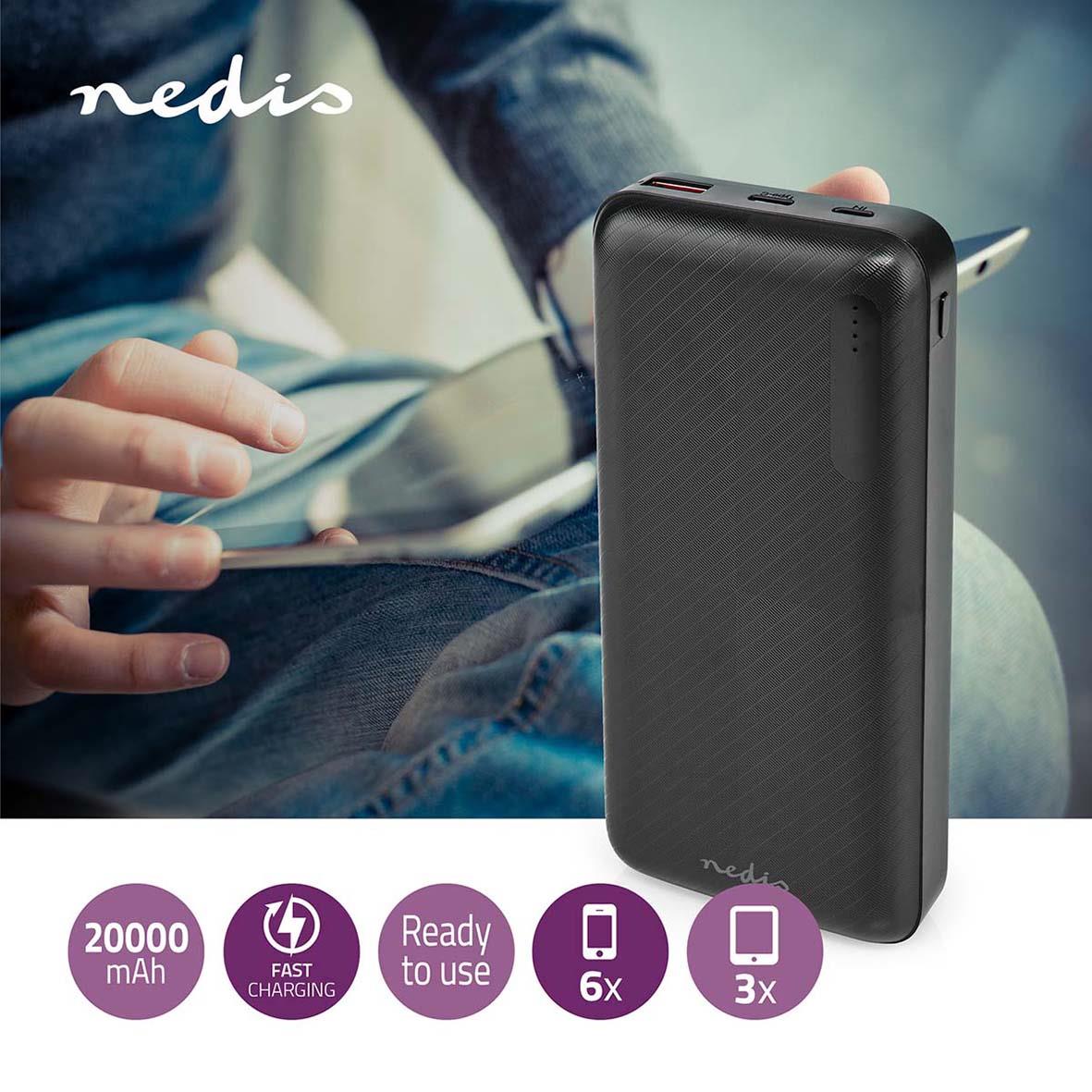 Powerbank Nedis 20000mAh svart, bärbar laddare för mobiler med snabb laddning och kapacitet för flera enheter
