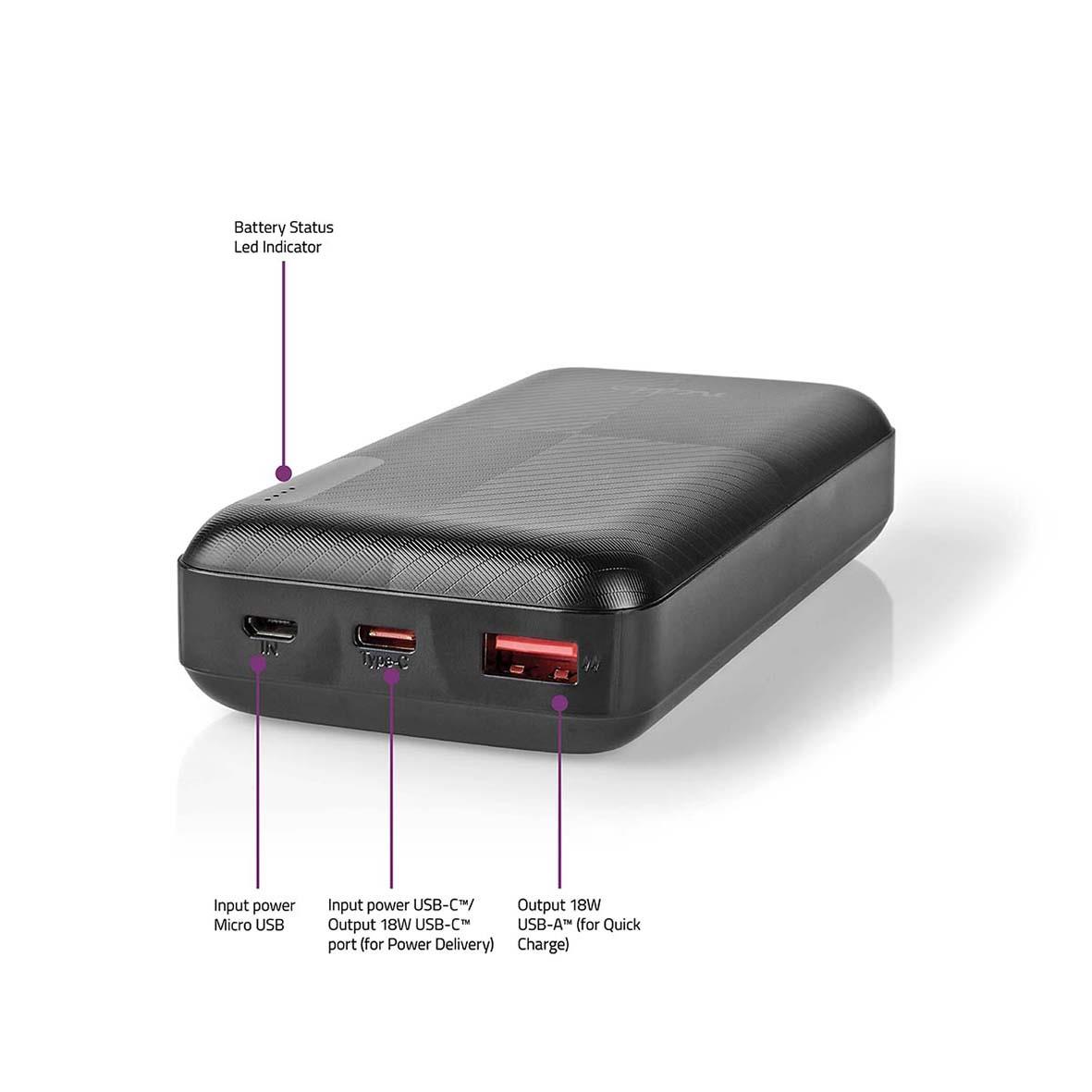 Svart powerbank Nedis 20000mAh med USB-portar och batteristatusindikator