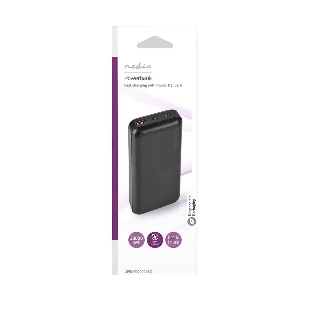 Svart Nedis powerbank med 20000mAh kapacitet för snabb laddning