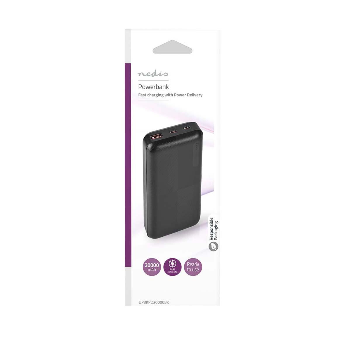 Svart Nedis powerbank med 20000mAh kapacitet för snabb laddning