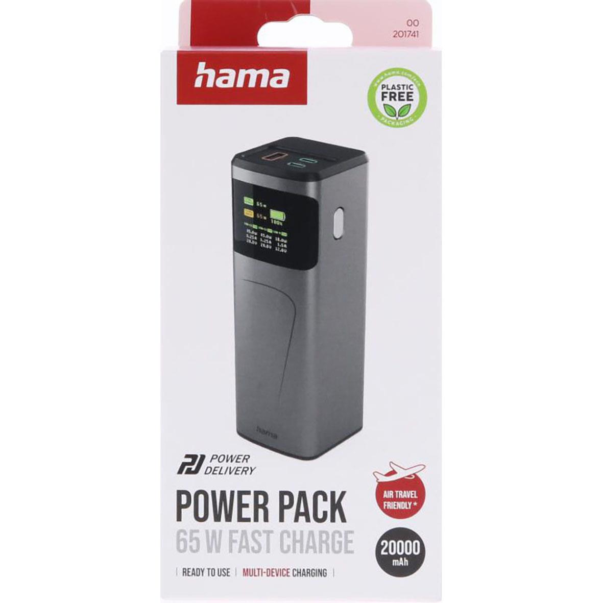 Powerbank Hama med 2 USB-C, 1 USB-A, 65W, 20000mAh, svart och grå design