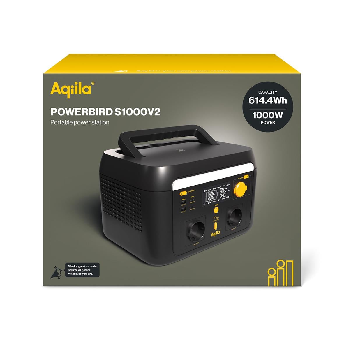 Powerstation Aqila Powerbird S1000v2 1000W, 614Wh, svart med handtag och kontrollpanel