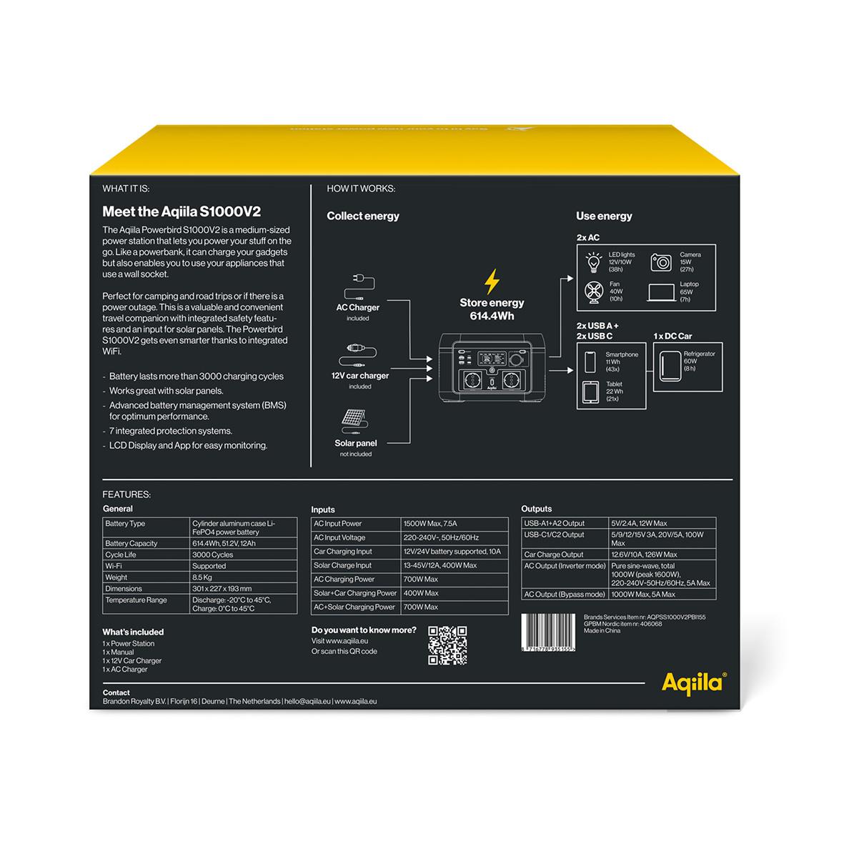 Powerstation Aqiila Powerbird S1000v2 1000W 614Wh med information om funktioner och specifikationer