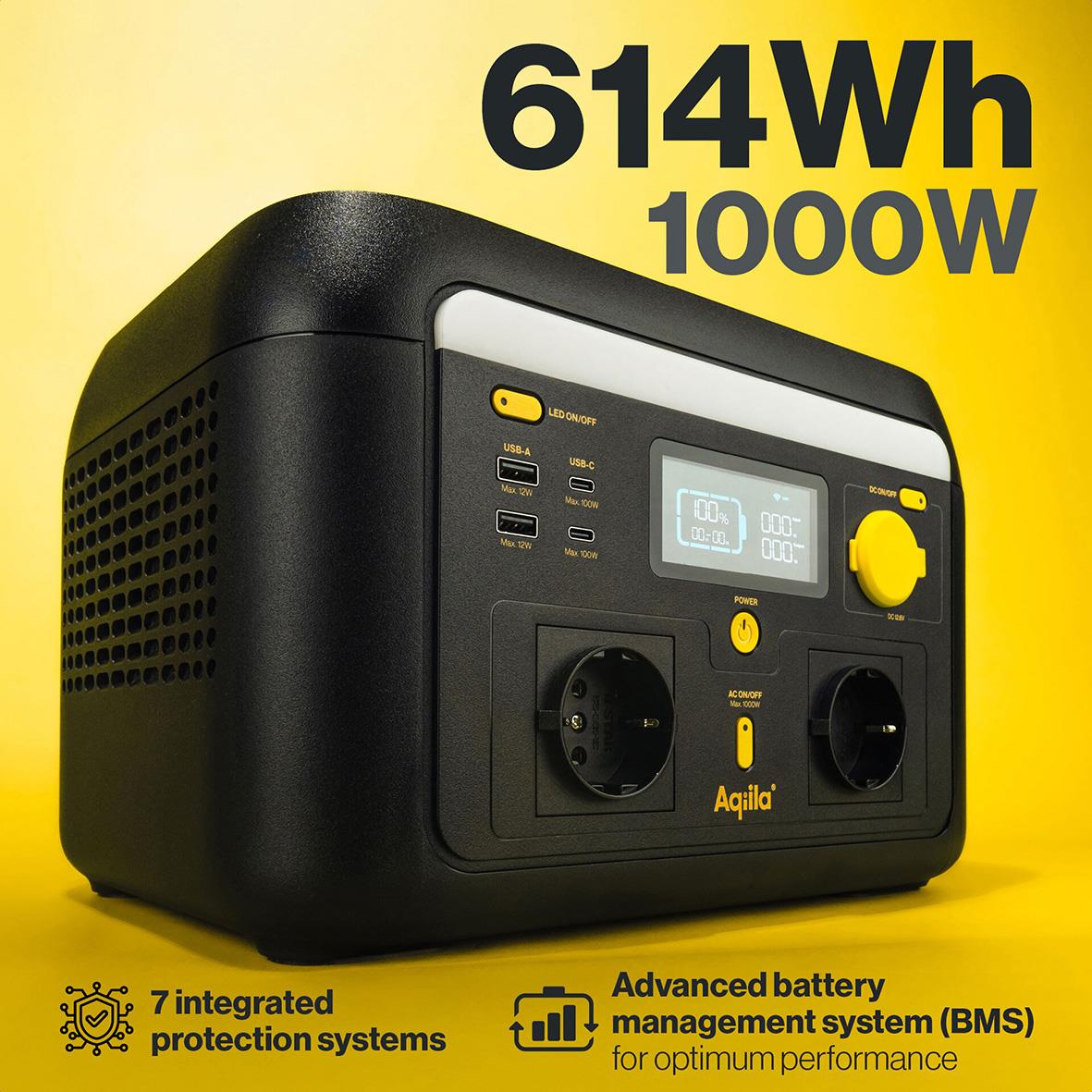 Powerstation Aqiila Powerbird S1000v2 med 614Wh och 1000W, visar display och kontrollknappar på gul bakgrund