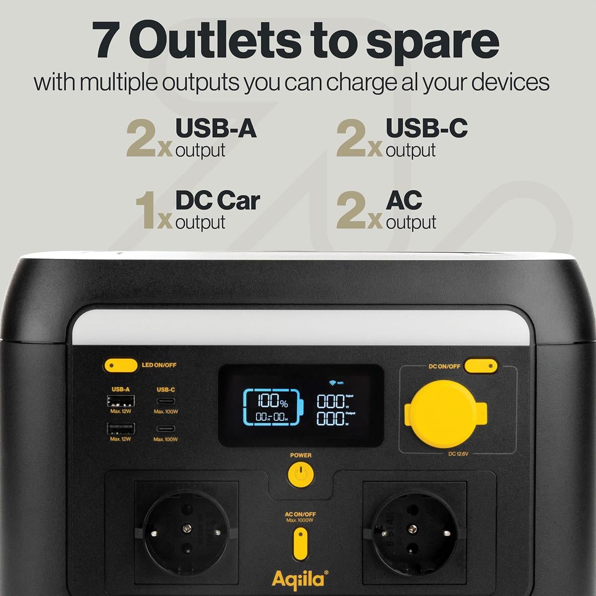 Powerstation Aqila Powerbird S1000v2 med 7 utgångar, USB-A, USB-C, DC och AC, visar digital display och kontrollknapp