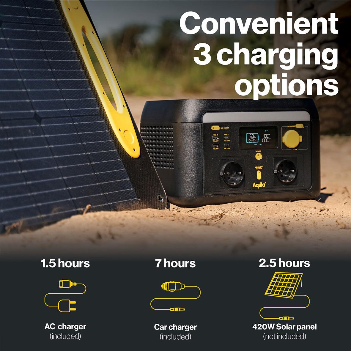 Powerstation Aqiila Powerbird S1000v2 med tre laddningsalternativ och solpanel