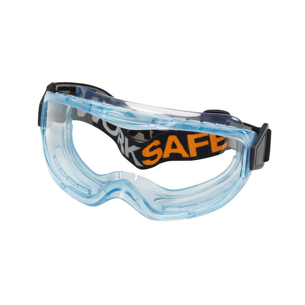 Skyddsglasögon med blå ram och svart justerbart band med orange SAFE-text