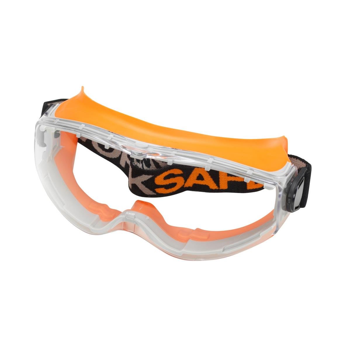 Skyddsglasögon med orange ram och tydligt sidoskydd, märkt Worksafe Wolf 2122962