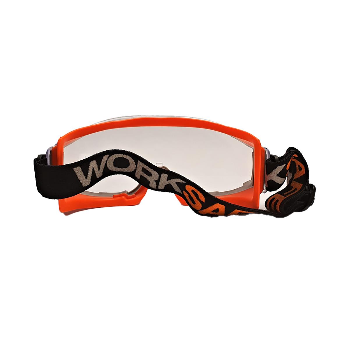 Orange och svart korgglasögon med WorkSafe Wolf-märke och justerbar rem