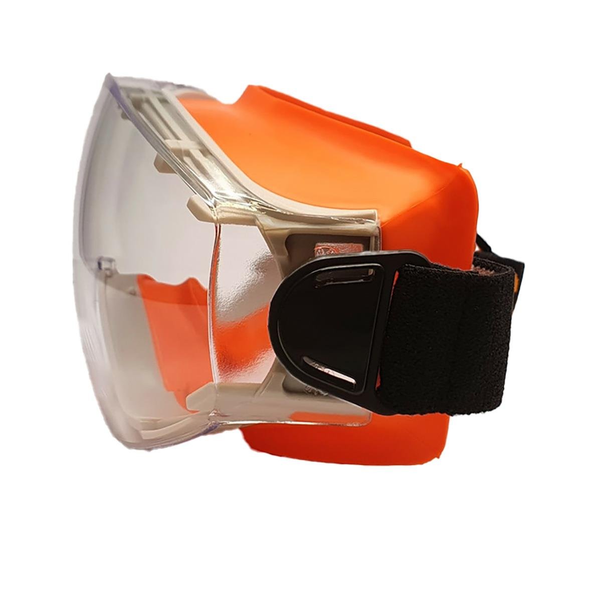 Skyddsglasögon med orange ram och svart justerbar rem