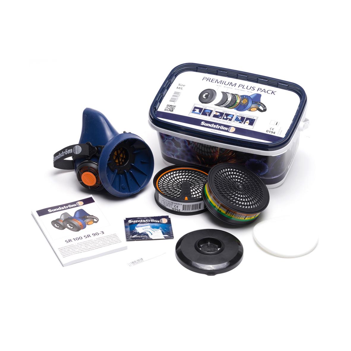Halvmask Sundström Premius Plus Pack med filter, andningsskydd och tillbehör i plastlåda