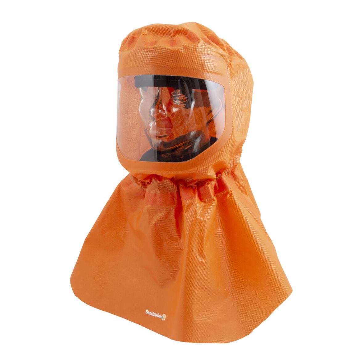 Skyddsklädsel med orange huva och visir för skydd vid arbete