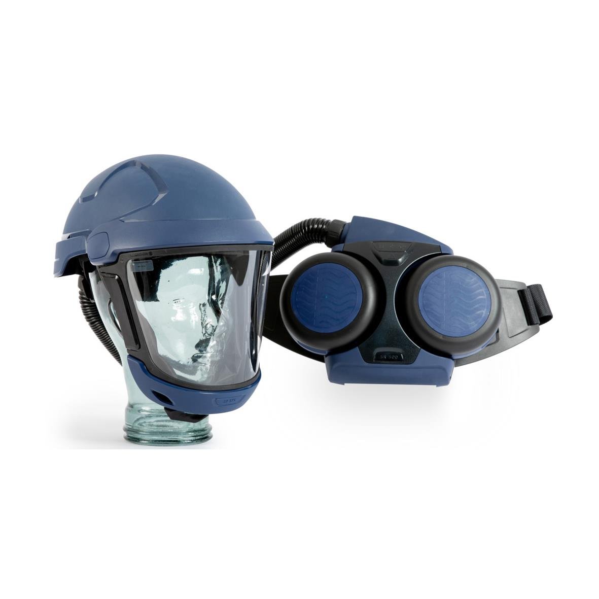 Skyddshjälm och skyddsglasögon i blått för arbetsmiljö