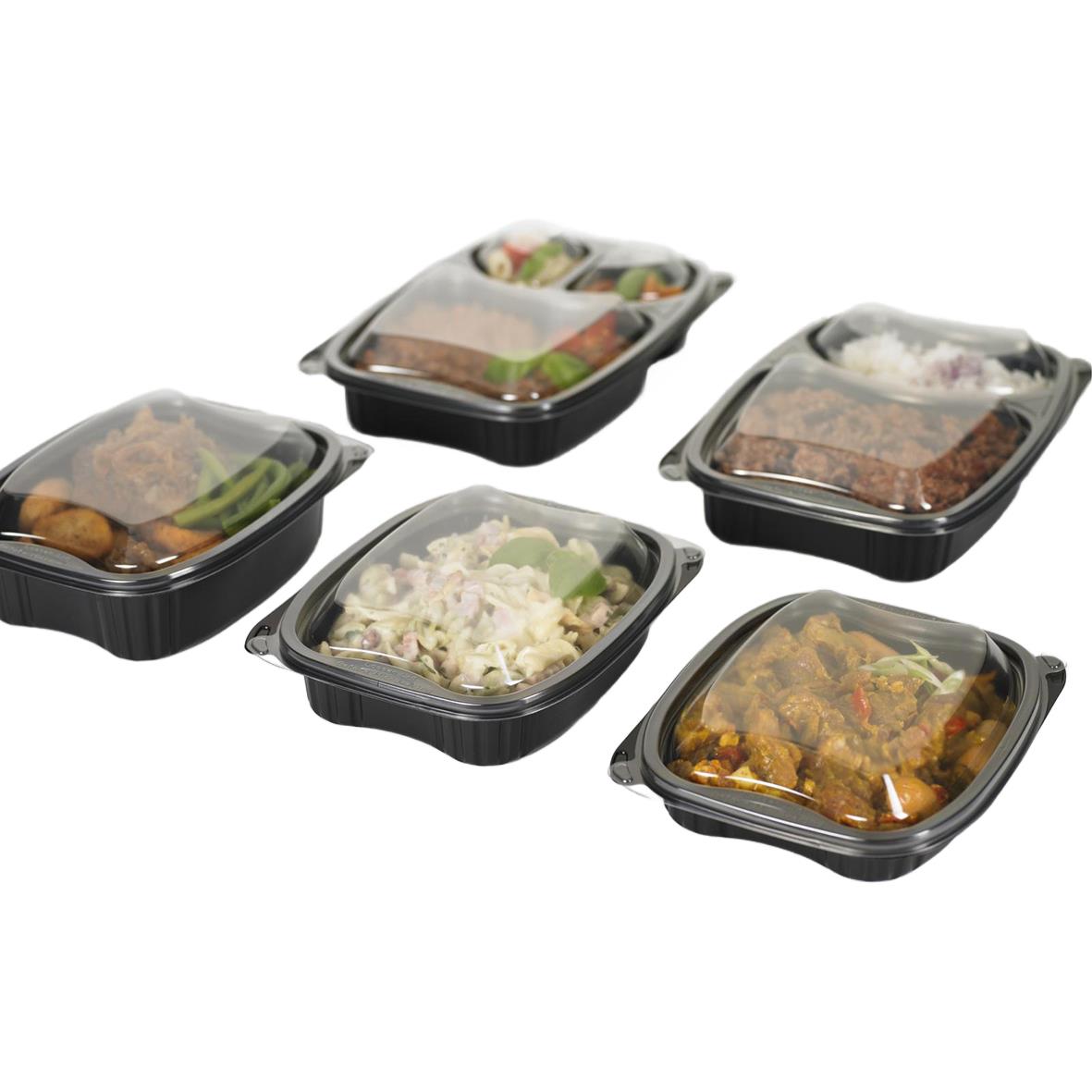 Svarta plastbunkar med lock för matförvaring, 700ml, 190x155x41mm