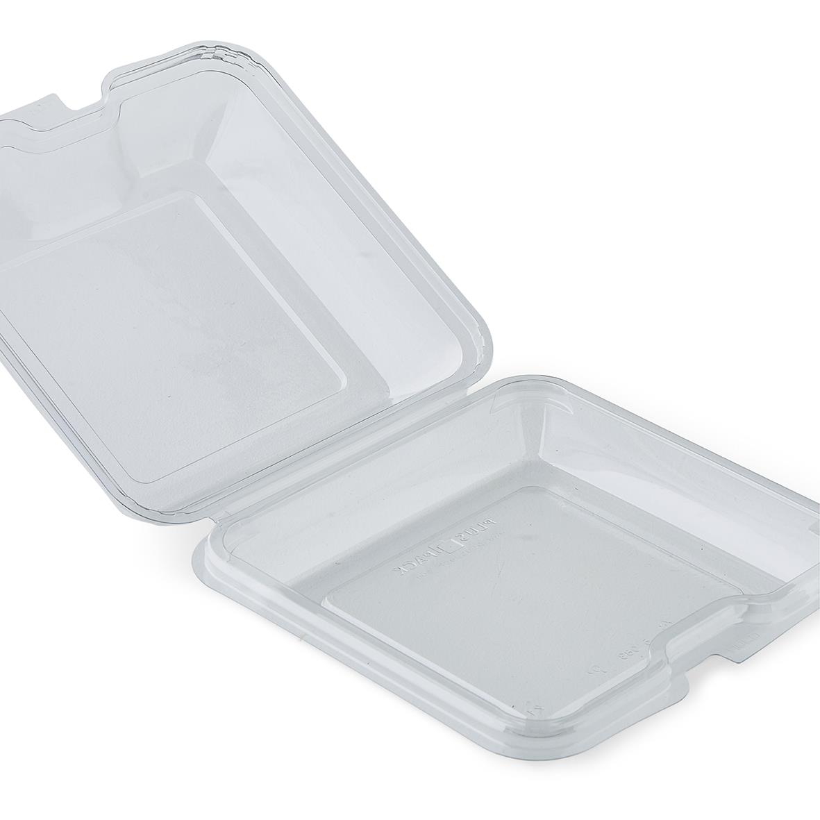 Klar plastlåda med lock, RPET, 180x180x60mm, 825ml, hängslad