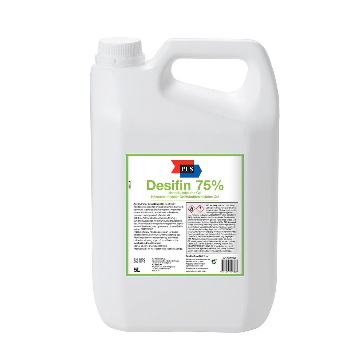 Stor vit behållare med handdesinfektionsgel PLS Desifin 75% 5L