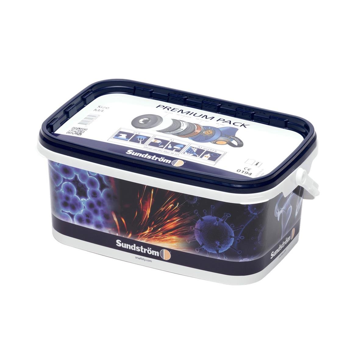 Halvmask Sundström SR 100 Premium Pack M/L i förpackning med bild av masken och virusillustration