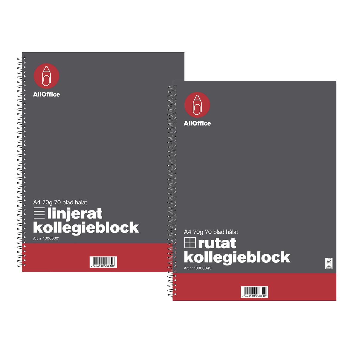 Två block med kollegieblock i A4 storlek, 70 gram papper, linjerade och rutade, i grå och mörkgrå färg