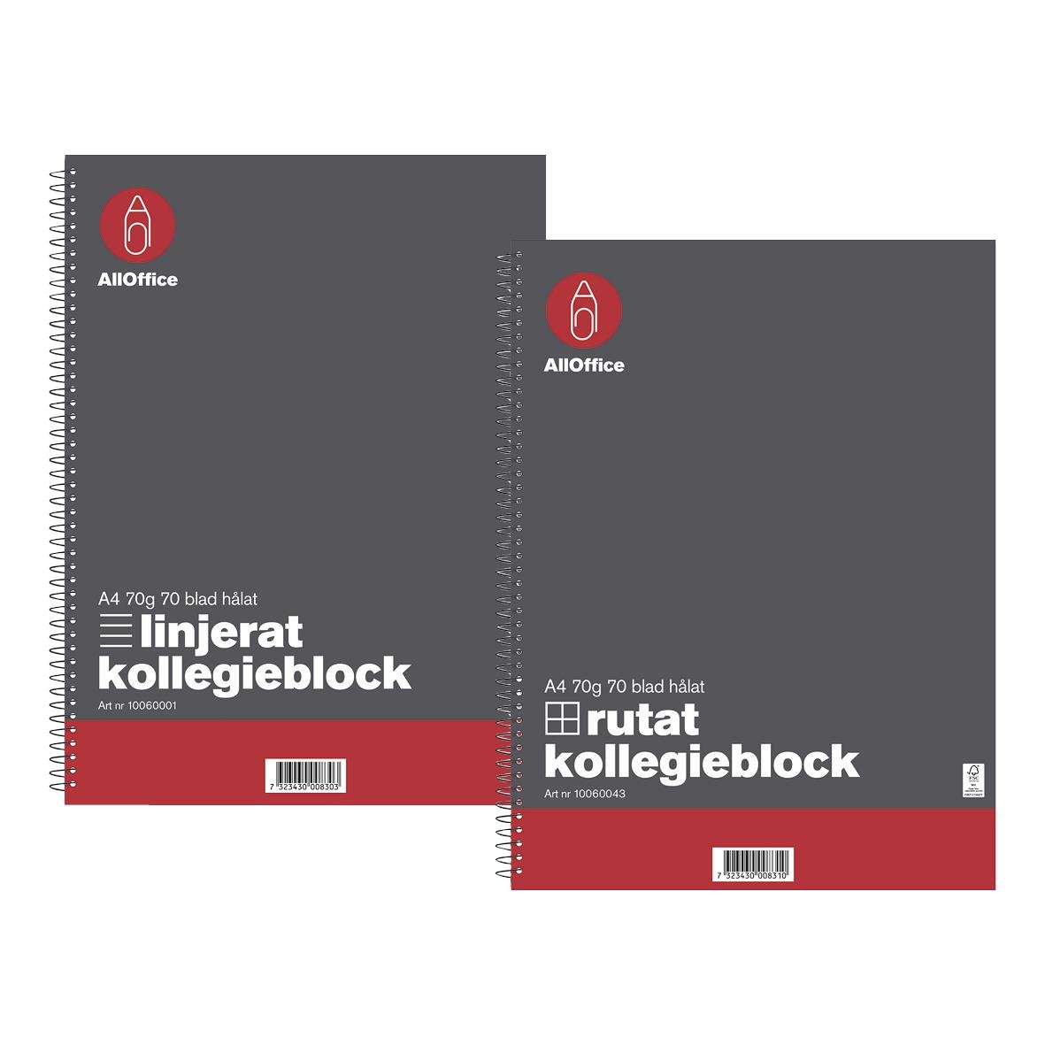 Två block med kollegieblock i A4 storlek, 70 gram papper, linjerade och rutade, i grå och mörkgrå färg