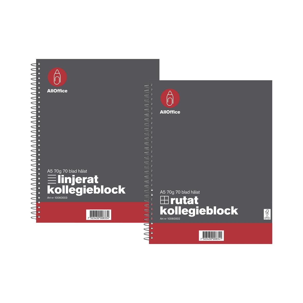 Kollegieblock AllOffice A5 70 gram, linjerat och rutat, 70 blad