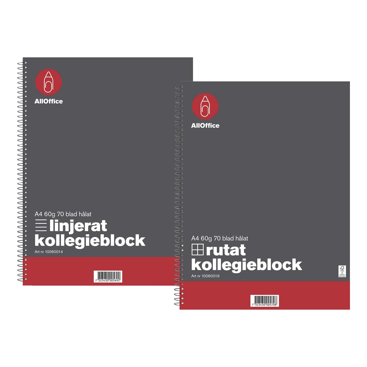 Kollegieblock AllOffice A4 60 gram, 70 blad, spiralbundet, svart och rött omslag