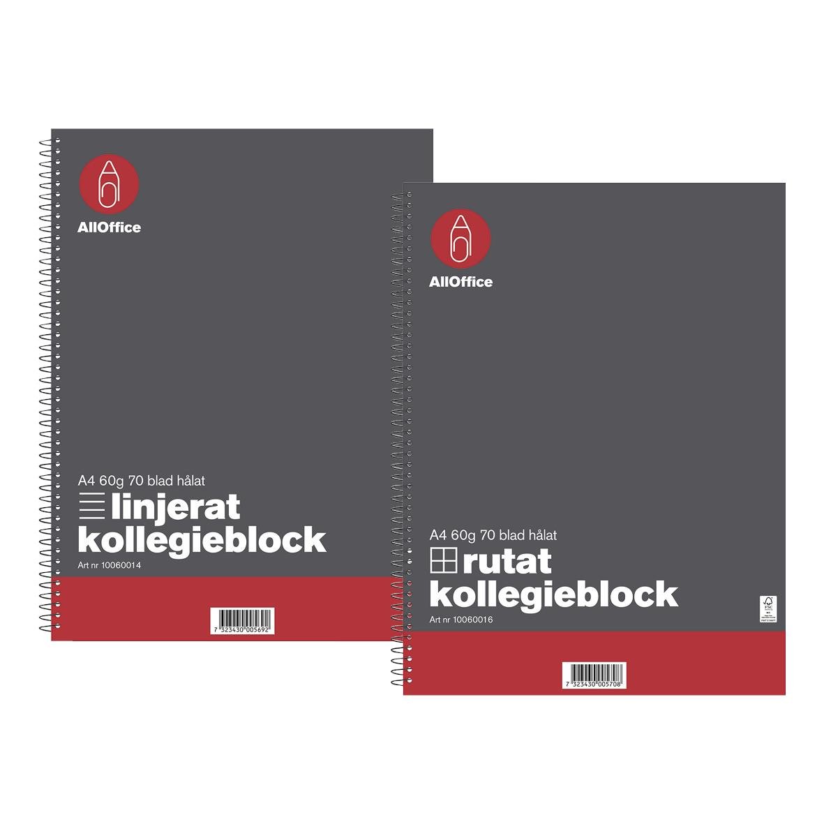 Kollegieblock AllOffice A4 60 gram, 70 blad, spiralbundet, svart och rött omslag