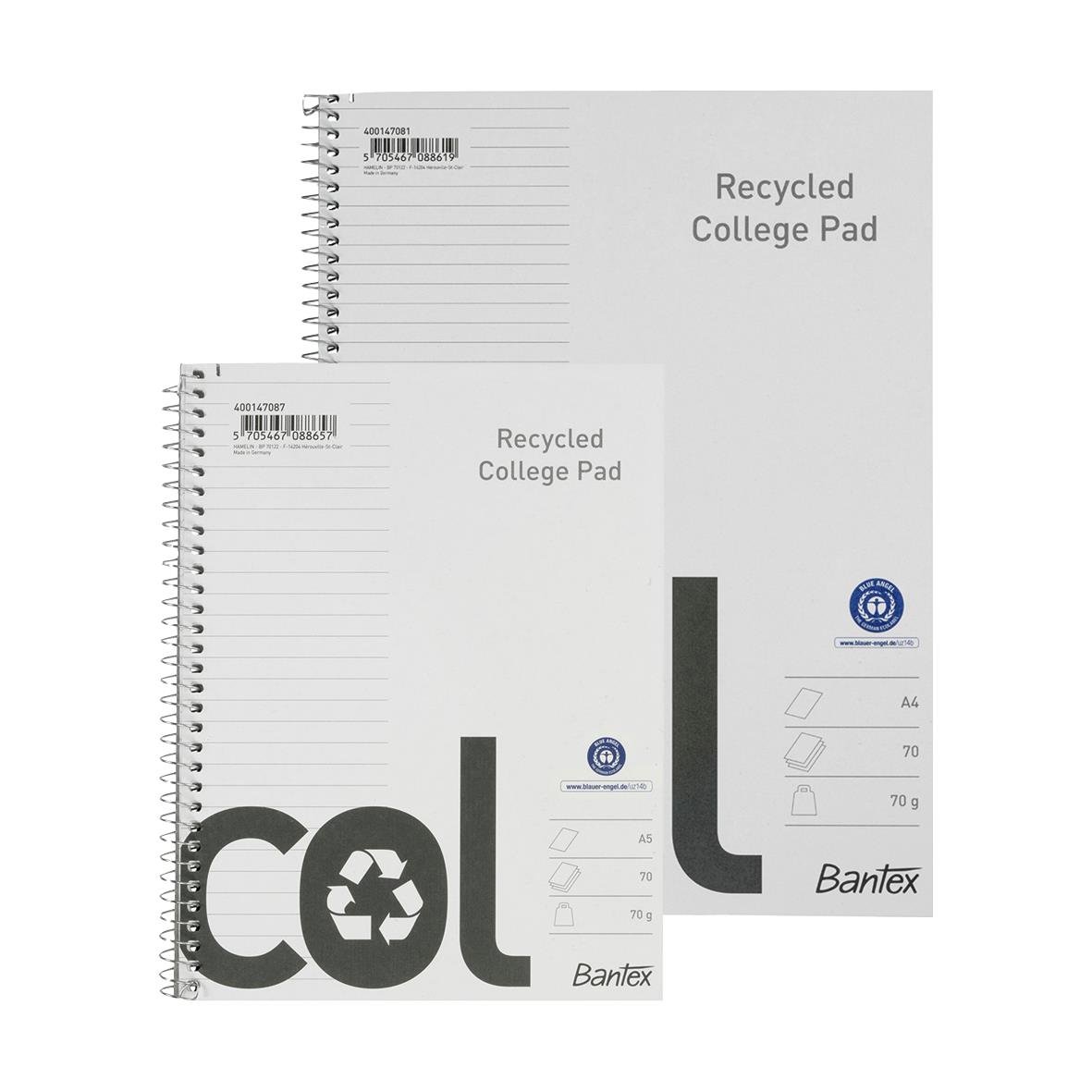 Kollegieblock Bantex Recycled Linj. 70g 70 blad, spiralbundet, grått omslag