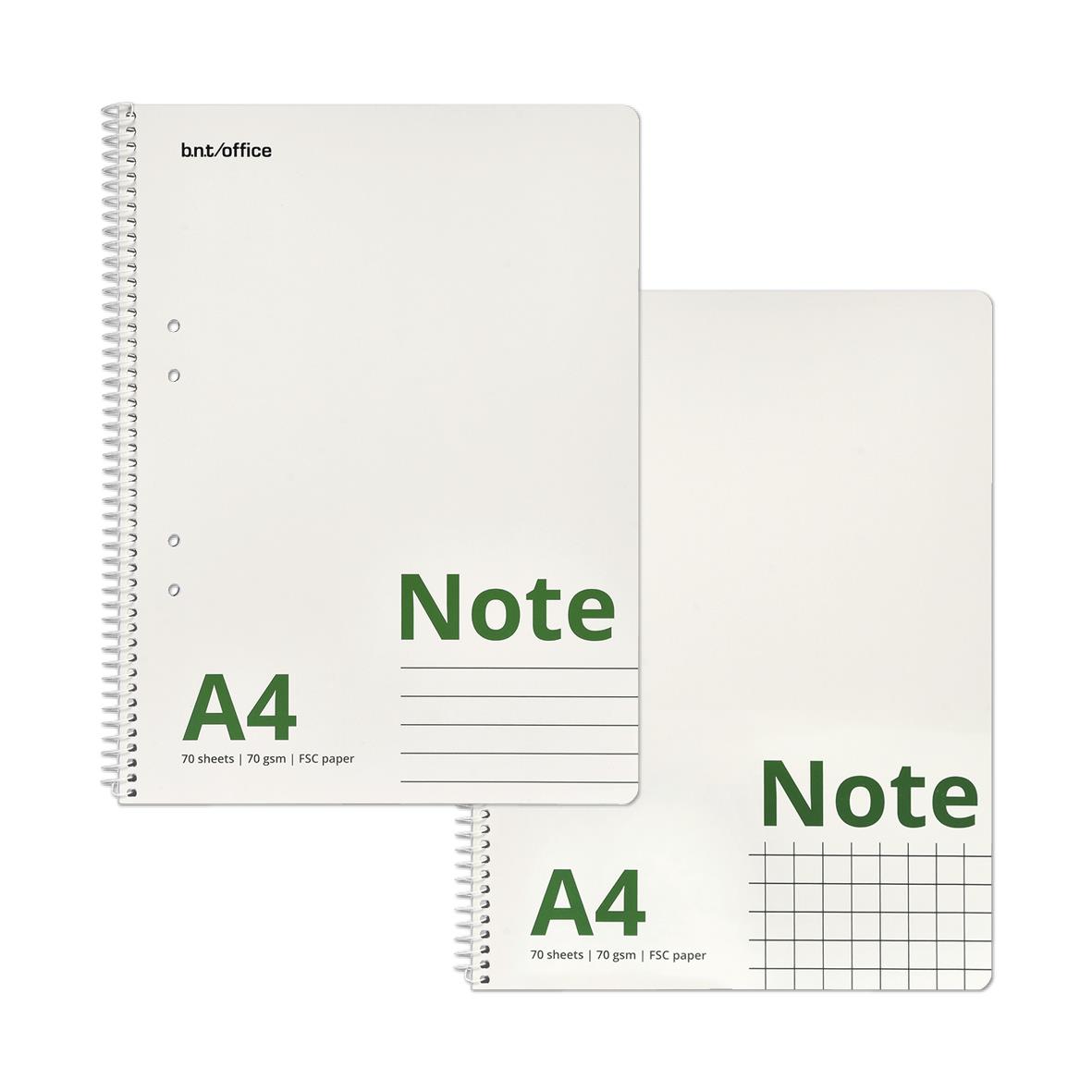 Kollegieblock med A4-ark och spiralbindning, vita blad med gröna text och grafiska element
