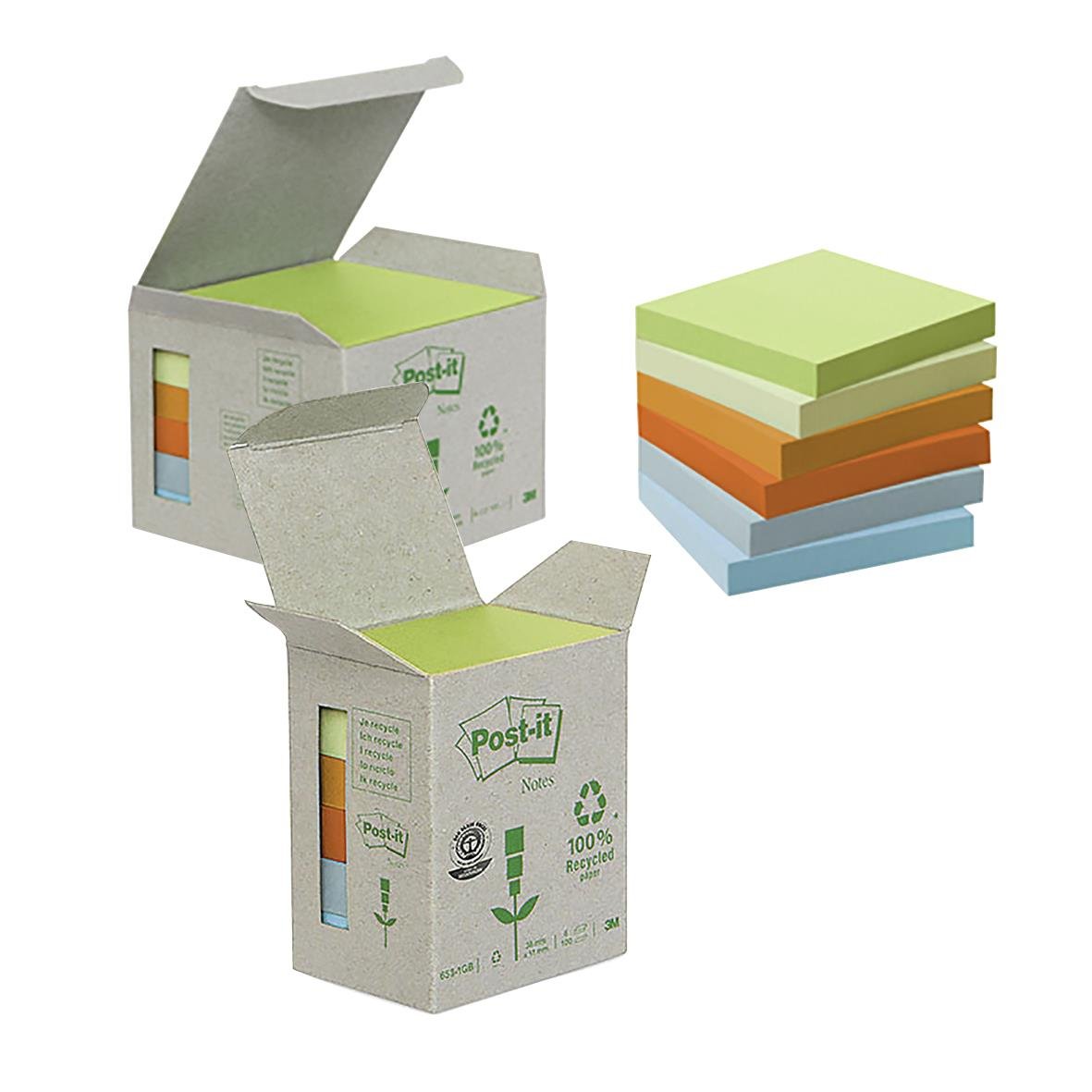 Recyklade Pastell Post-it lappar i en öppen förpackning med extra block av samma färger