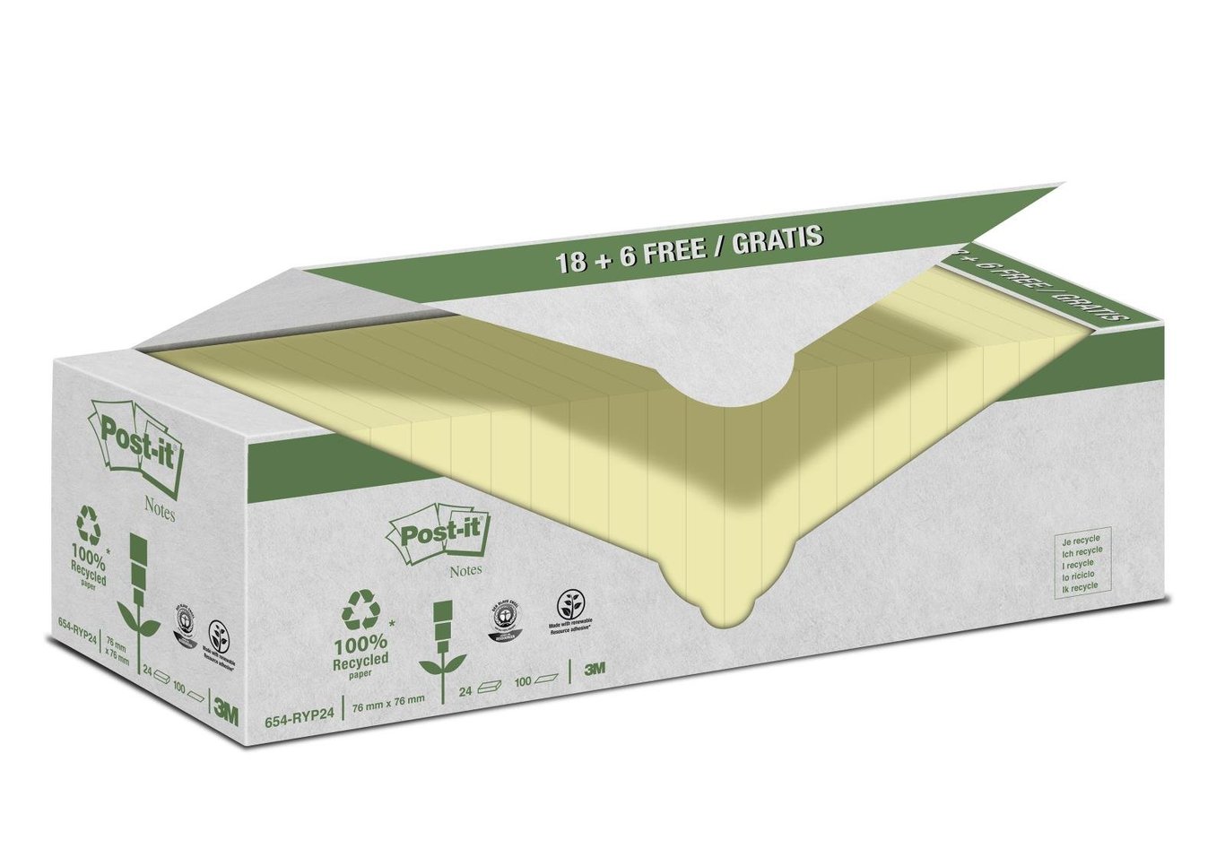 Gult återvunnet Post-it notisar i storleken 76x76mm i en stor förpackning