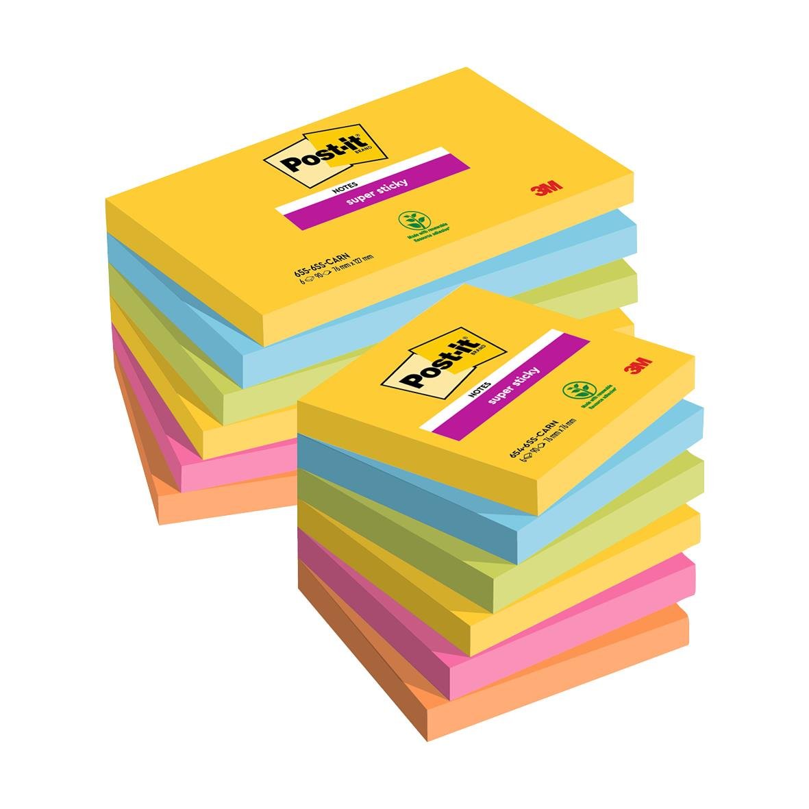 Två staplar med Post-it Super Sticky anteckningslappar i olika färger, gula, blå, rosa och gröna